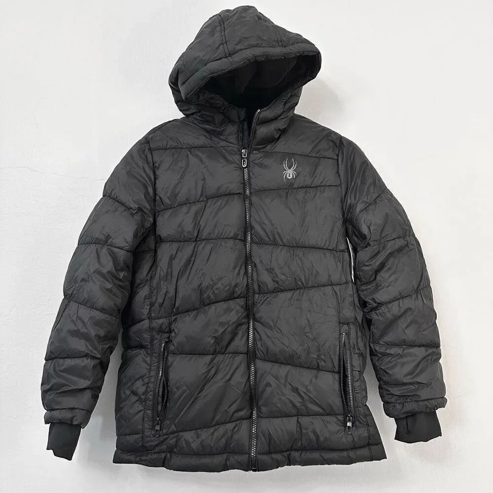 NWT Spyder Girls or Boys Full Zip Hooded Insulated Puffer Jacket Black Size Larg